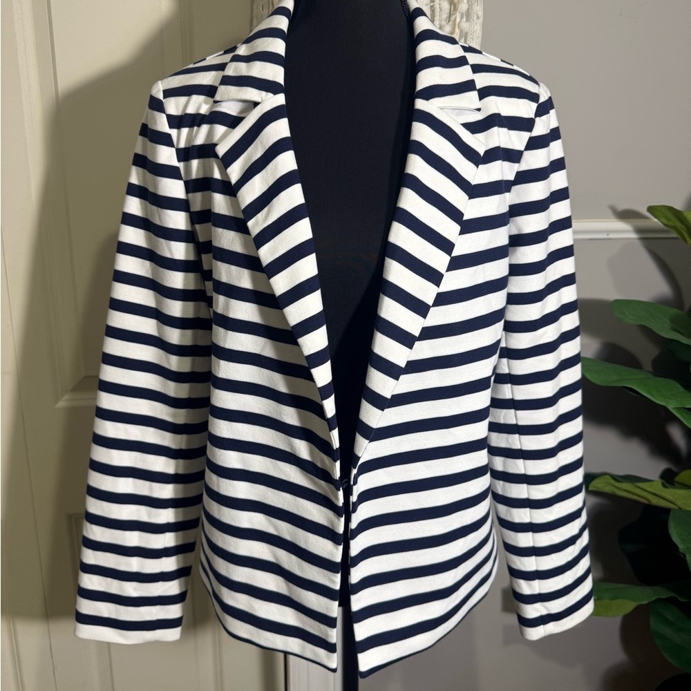 Chico's Navy & White Striped Knit Blazer size 1